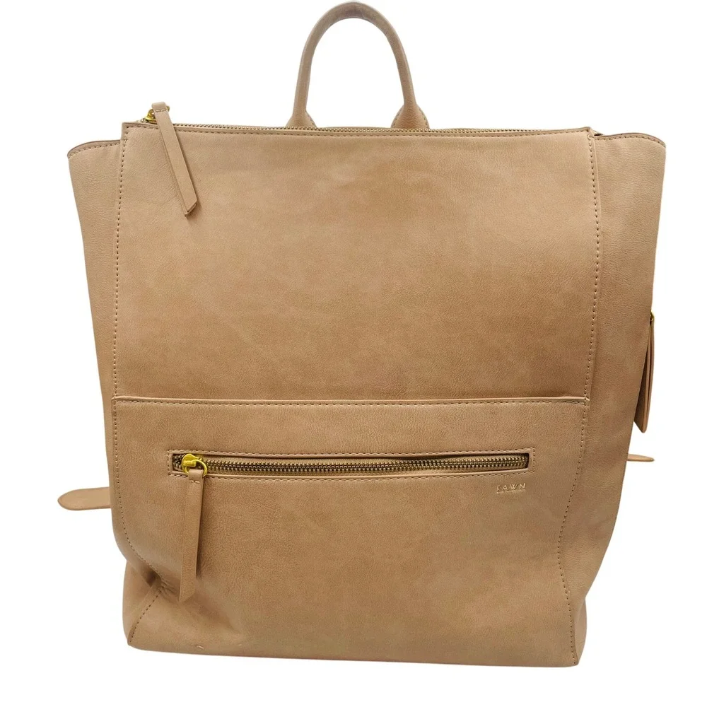 FAWN Square Backpack Diaper Bag Tan Faux Leather Gold Tone Hardware